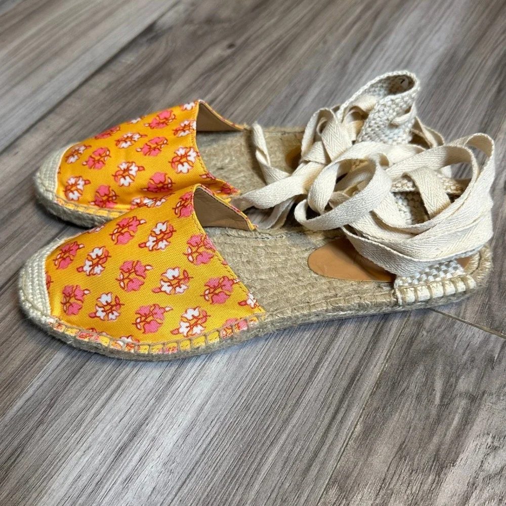 J. Crew Orange Pink Floral Canvas Ankle Wrap Espadrilles Size 7 Jute Rope Flats